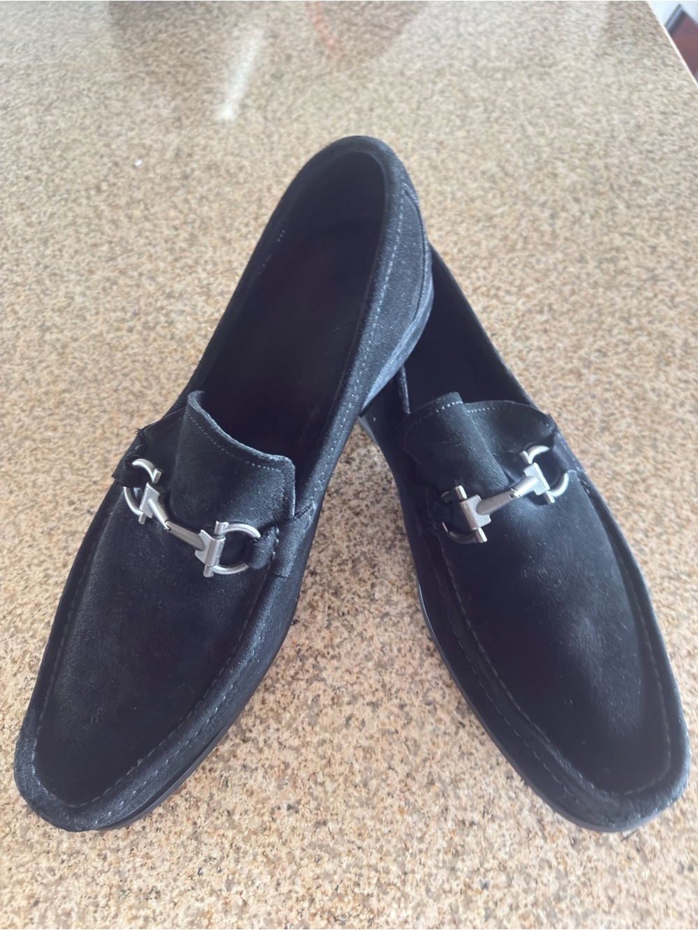 Salvatore Ferragamo Black Suede Loafers with Silver Bit